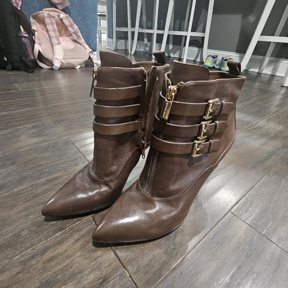 Michael Kors Brown Heeled Boots with Buckle Accents